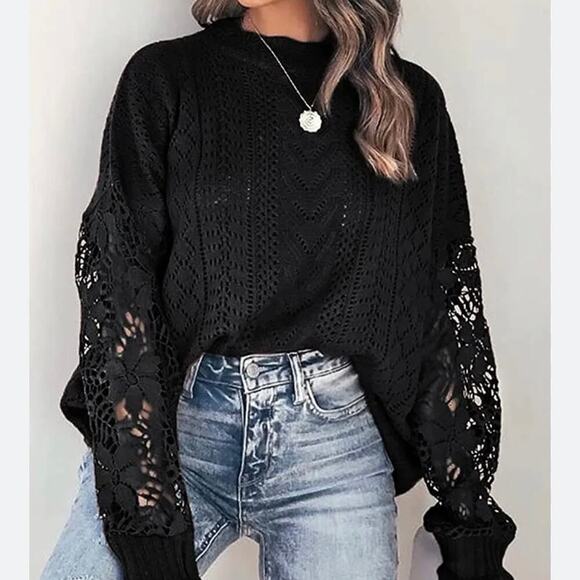 Fashion delicate crochet flower loose black sweater puff sleeve flared SZ XL - Picture 1 of 14